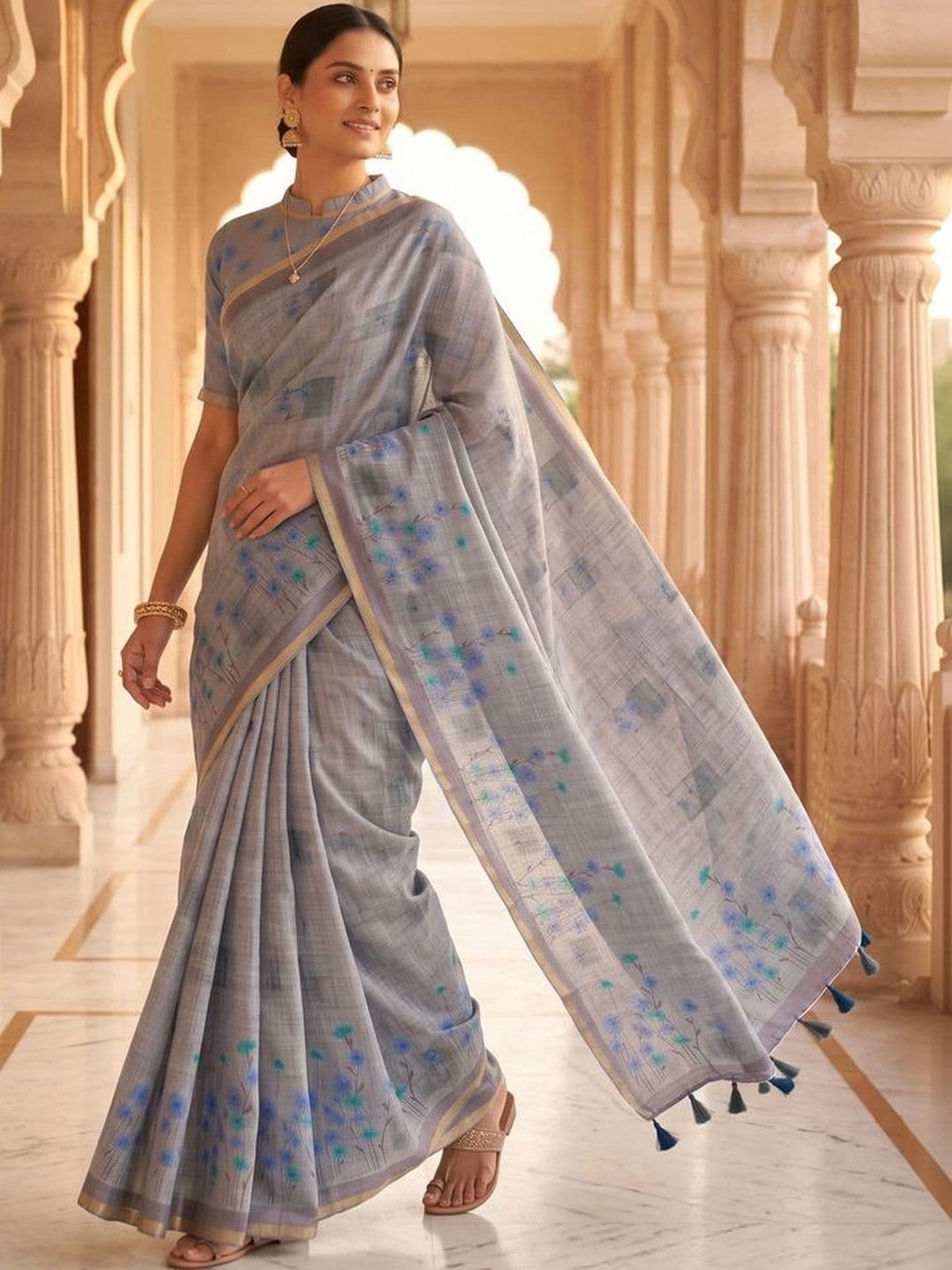 Mitera Floral Linen Blend Tussar Saree thumbnail 3