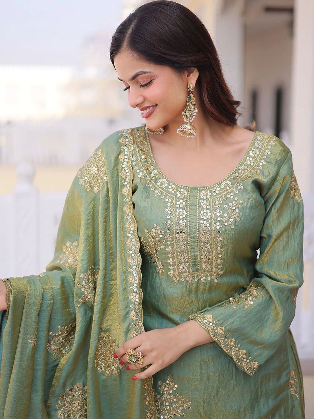 KALINI Ethnic Motifs Embroidered Dupion Silk Straight Kurta with Sharara & Dupatta thumbnail 5