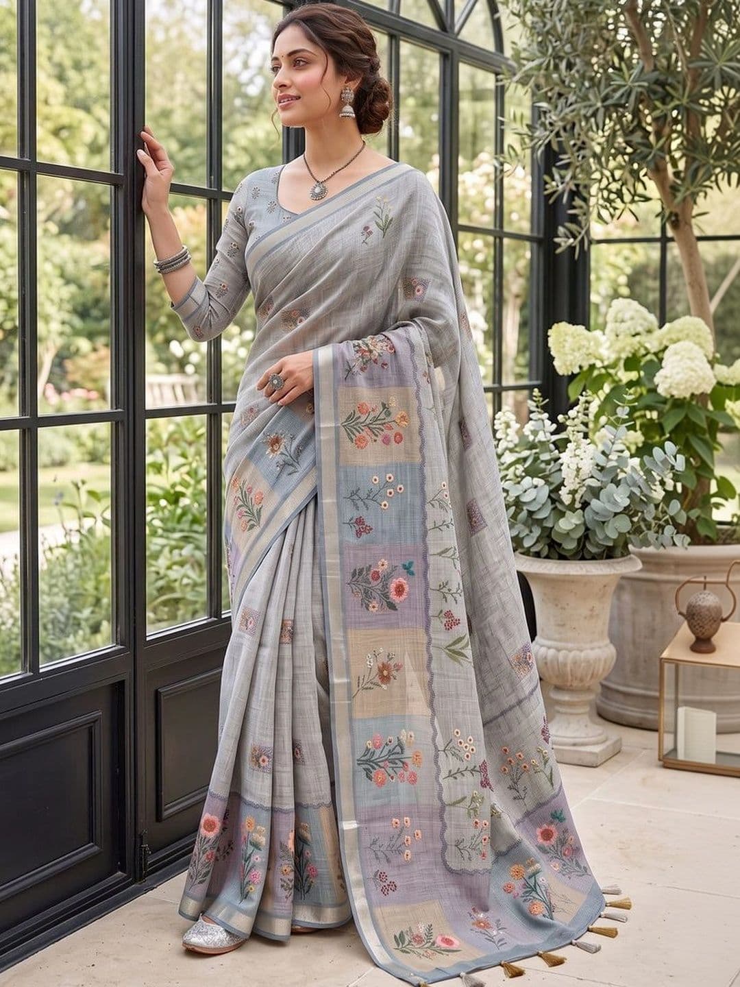Mitera Floral Embroidered Linen Blend Tussar Saree thumbnail 2