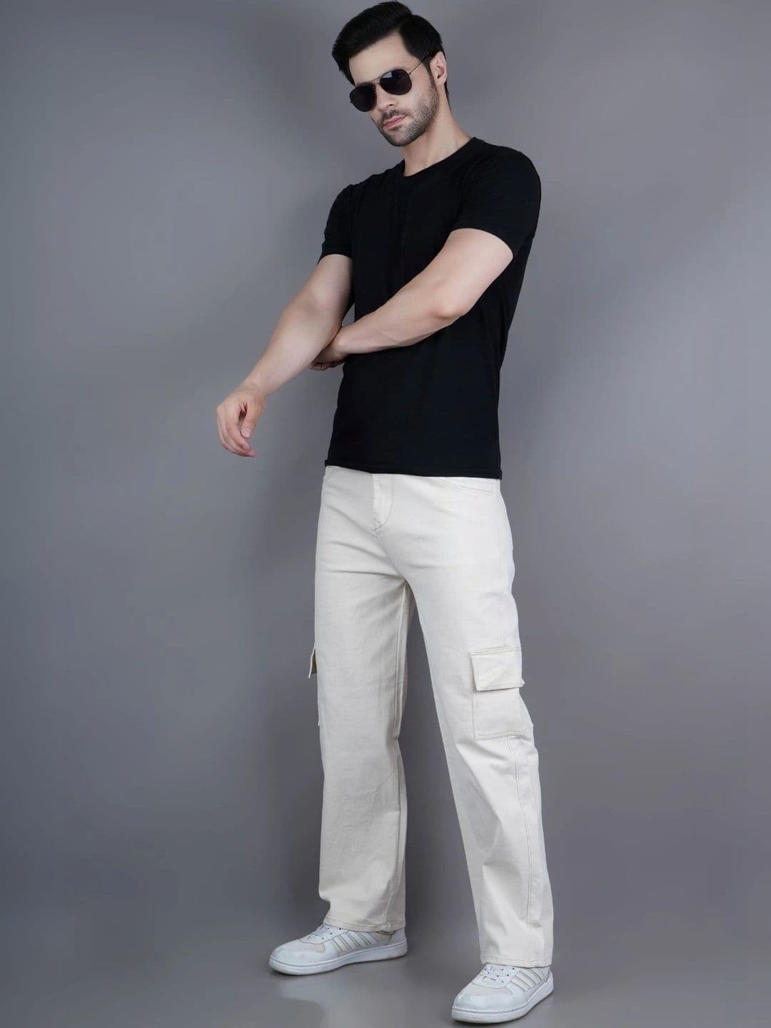 HERE&NOW Men's Beige Mid-Rise Cargo Wide-Leg Jeans thumbnail 3