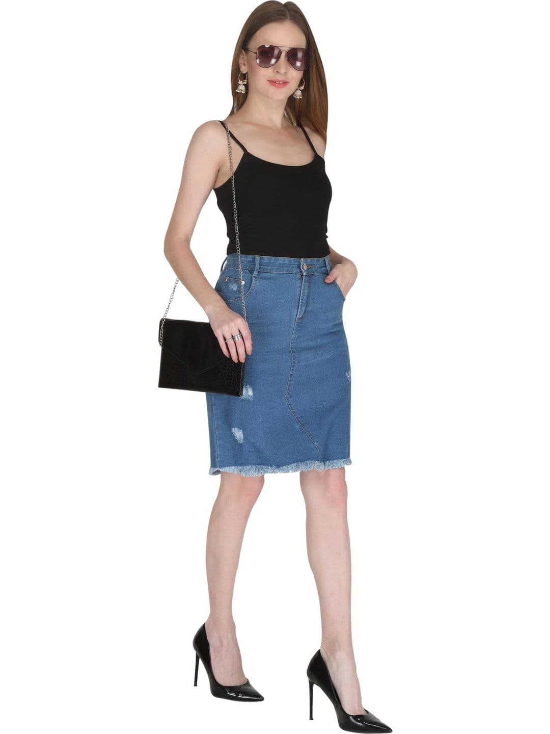 Peptrends Women Denim Frayed Denim Knee Length A-Line Skirt thumbnail 4