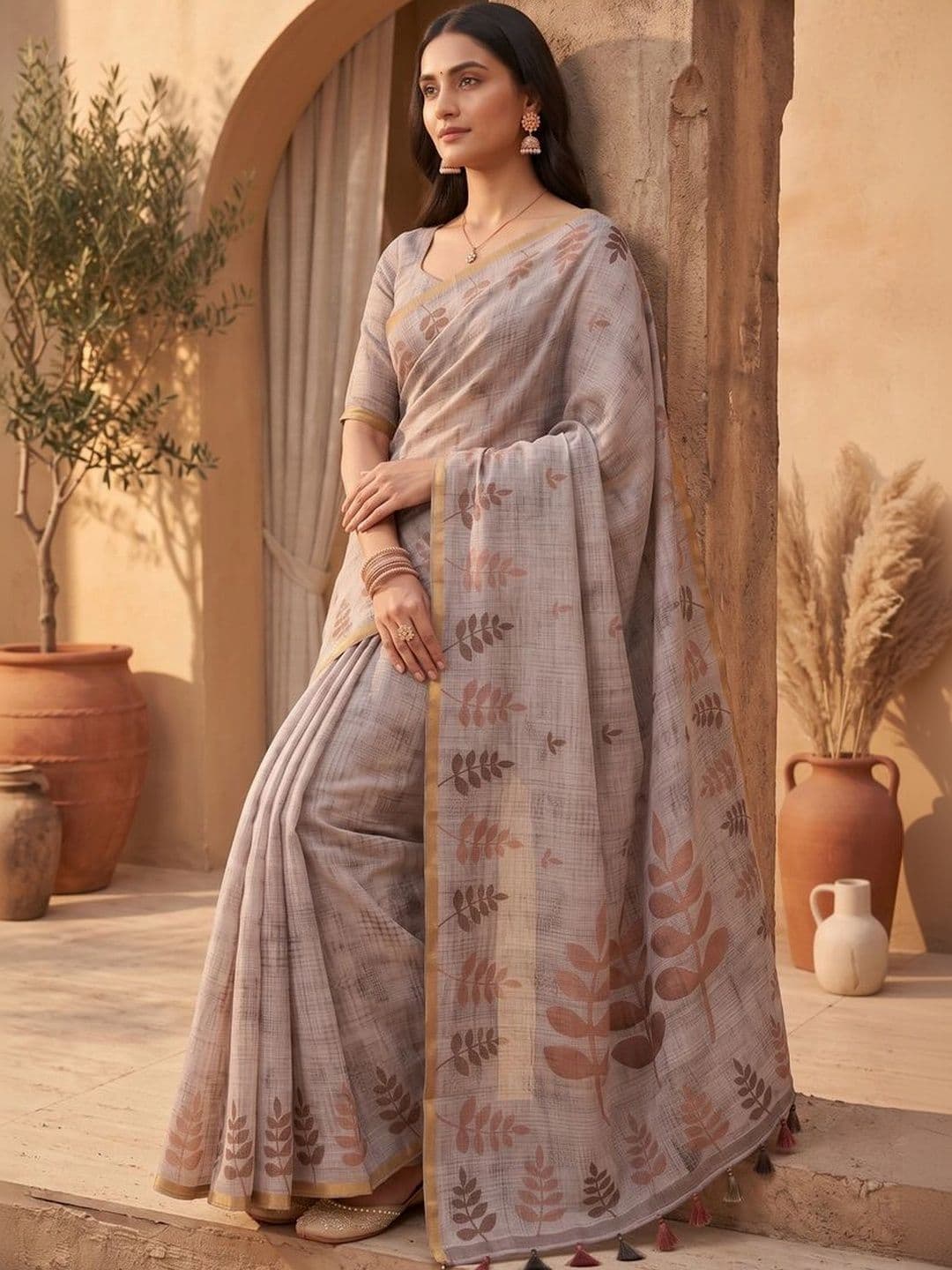 Mitera Floral Linen Blend Tussar Saree thumbnail 6