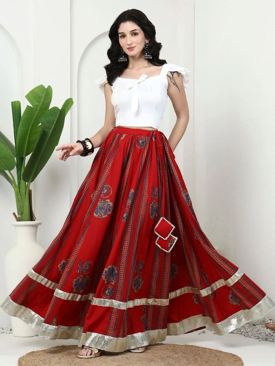 Sangria Women Cotton Floral Printed Maxi Flared Skirt thumbnail 6