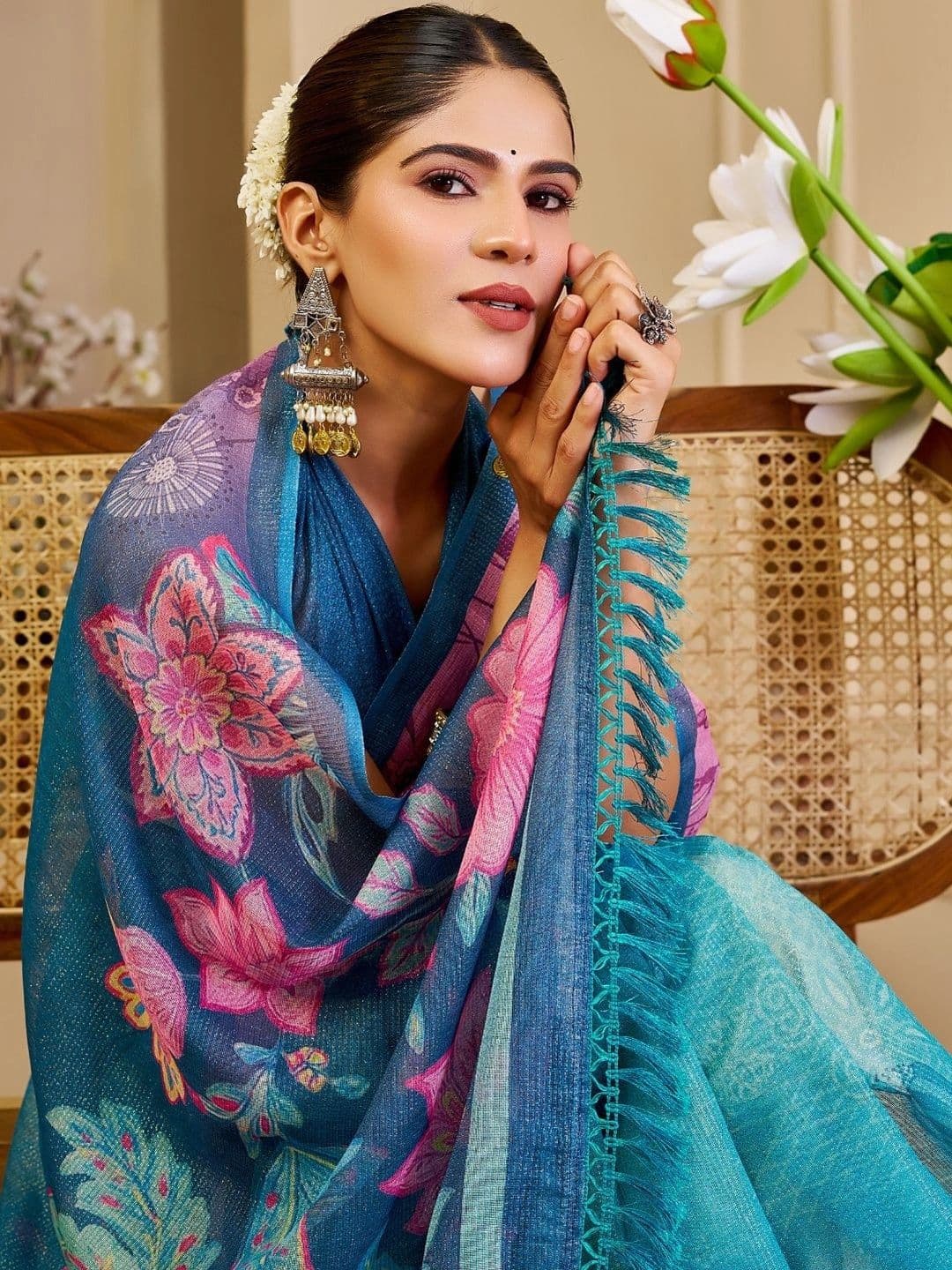 ZAMUNA Floral Tissue Designer Bhagalpuri Saree thumbnail 6