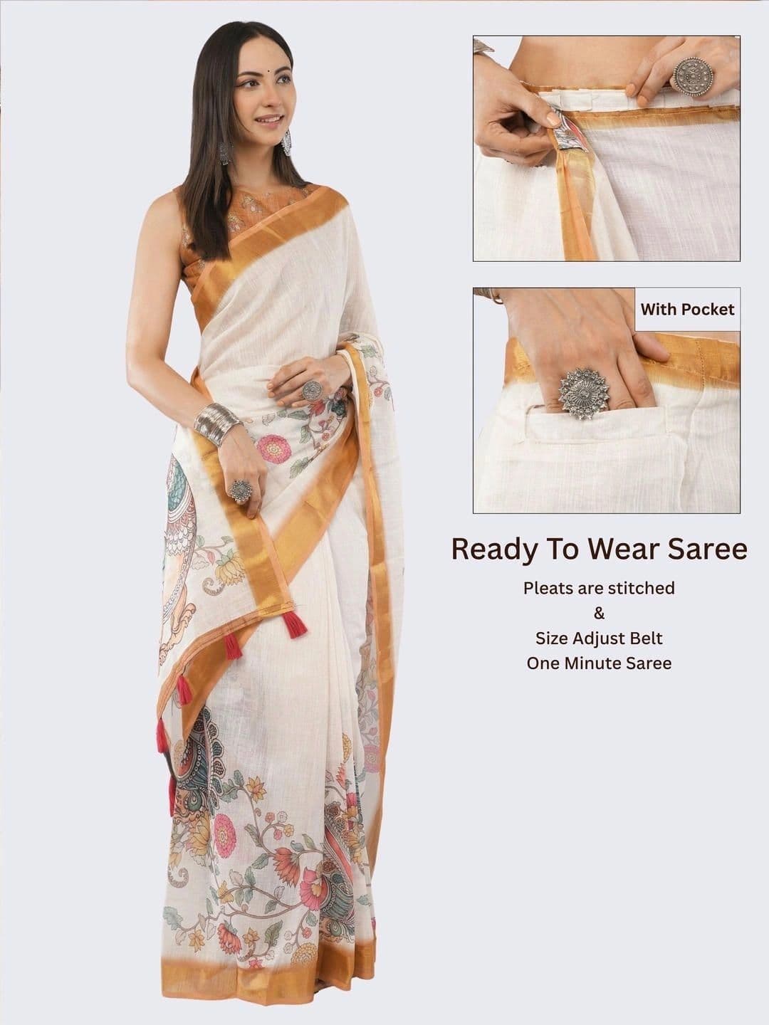 SAMANTHA Women Floral Printed Linen Blend Belted Saree thumbnail 4