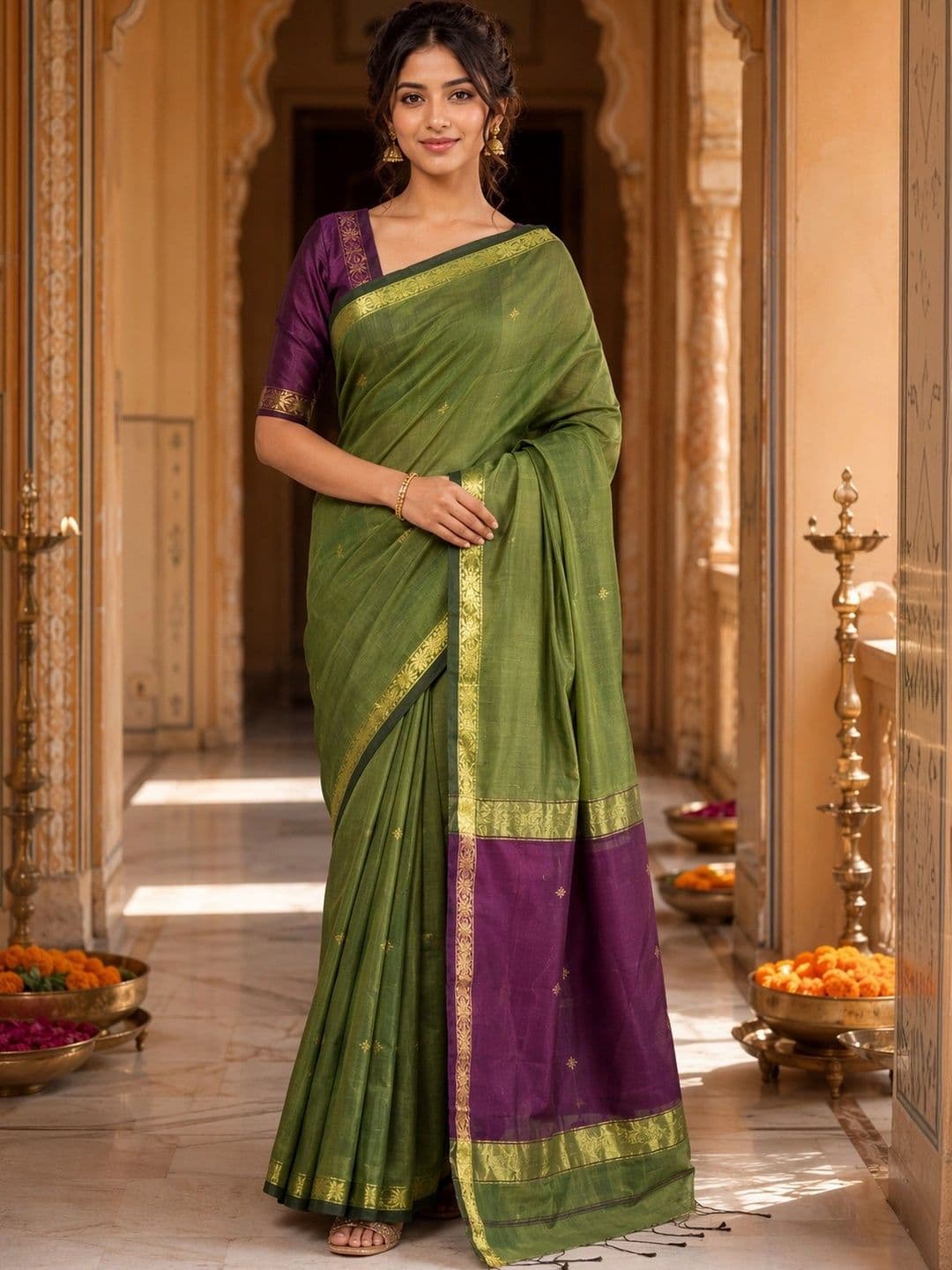Saatika Women Cotton Solid Zari Saree with Blouse Piece thumbnail 6