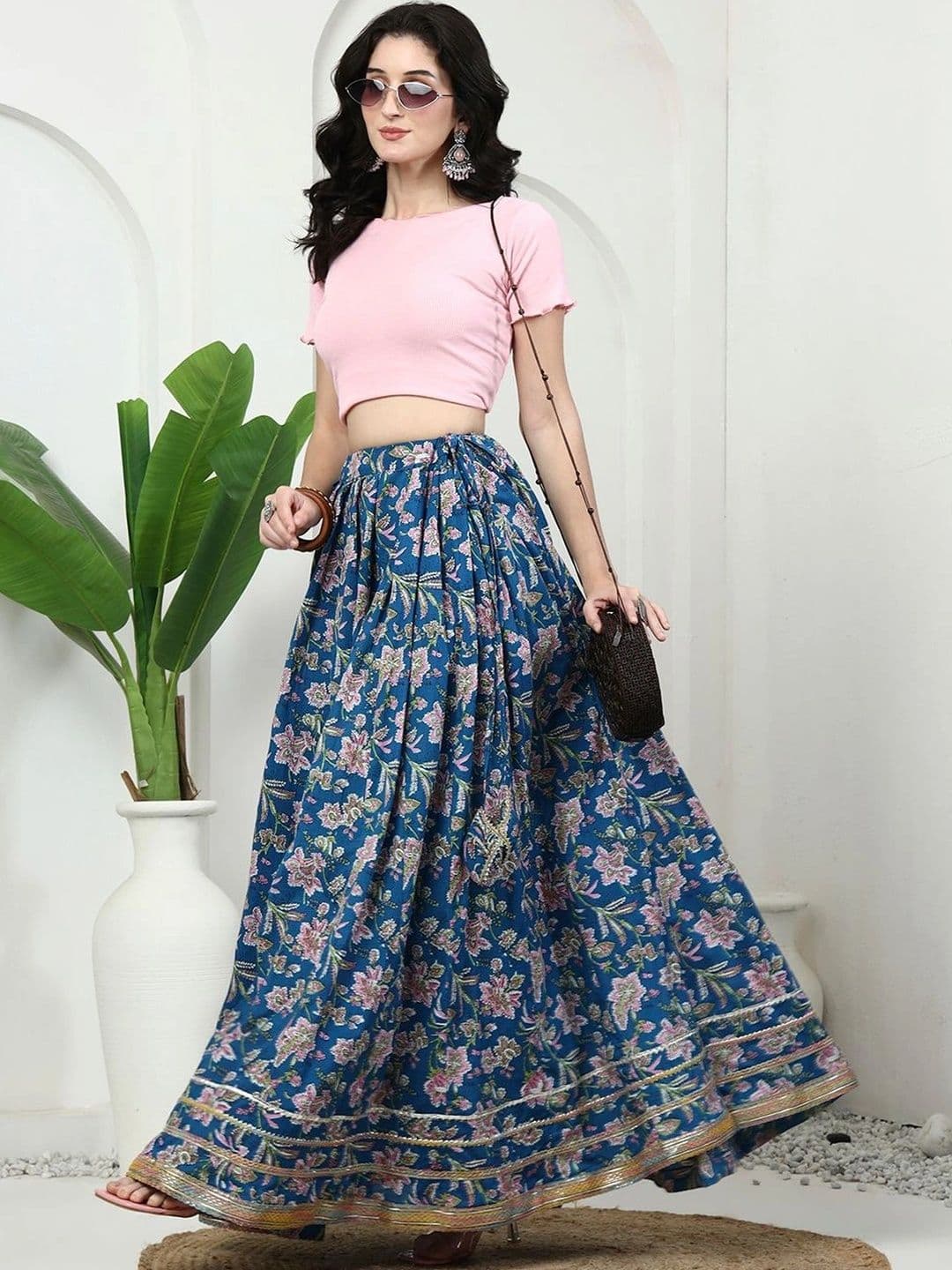 Sangria Women Cotton Cambric Floral Maxi Flared Skirt thumbnail 6
