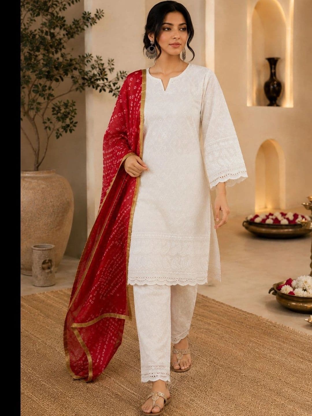 SINGNI Women Ethnic Motifs Embroidered Regular Chikankari Pure Cotton Kurta with Trousers & With Dupatta - view 1