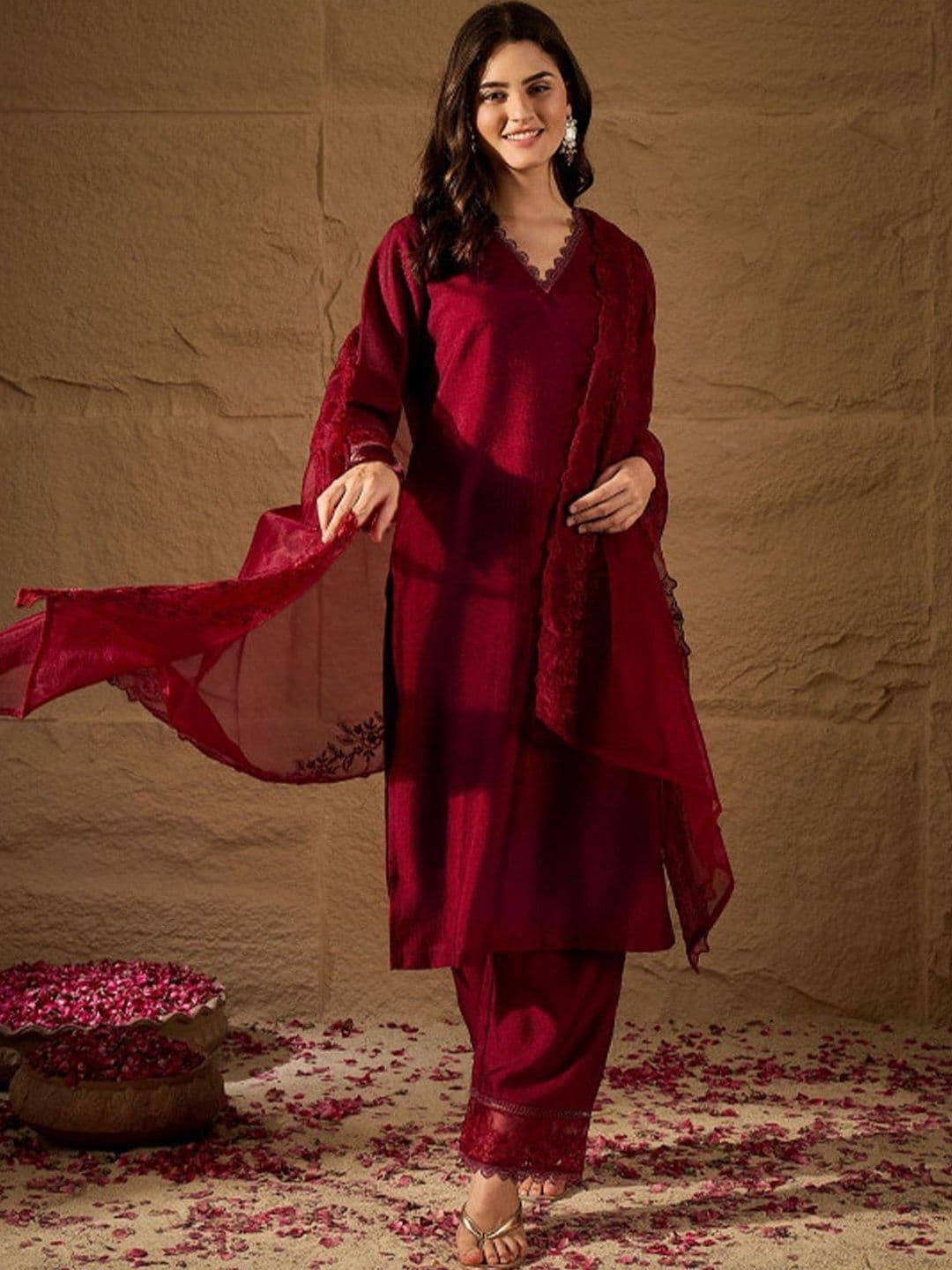 Sangria Women Ethnic Motifs Regular Thread Work Kurta with Trousers & With Dupatta - view 1