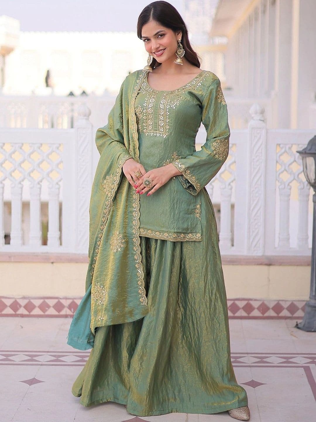 KALINI Ethnic Motifs Embroidered Dupion Silk Straight Kurta with Sharara & Dupatta thumbnail 4