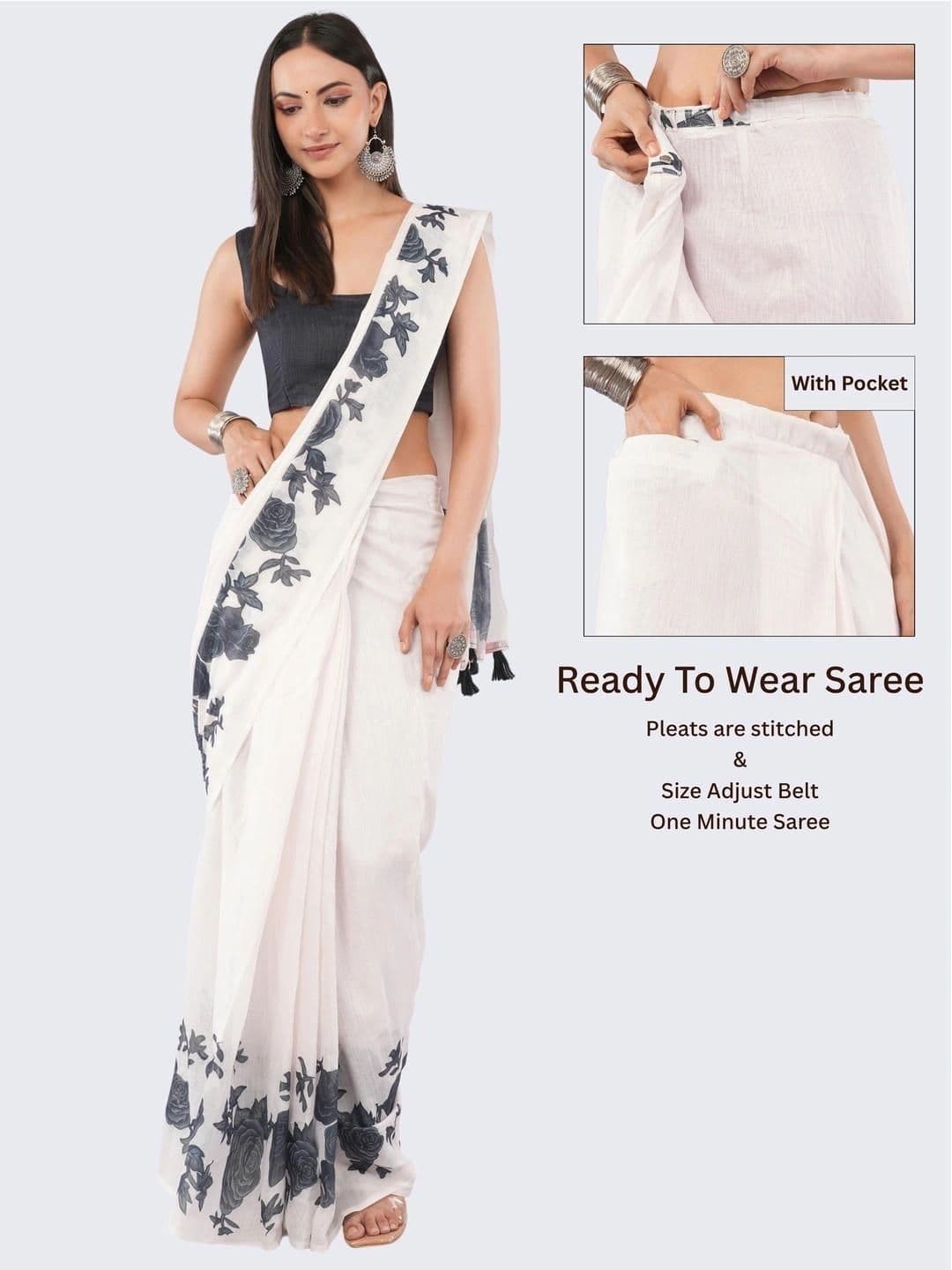 SAMANTHA Floral Linen Blend Belted Saree thumbnail 5