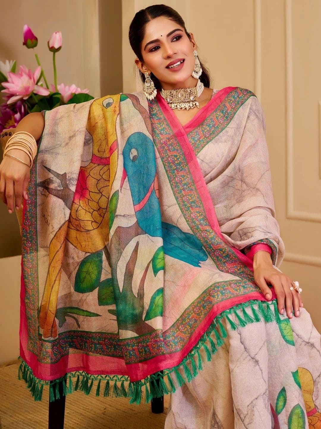 ZAMUNA Floral Tissue Designer Bhagalpuri Saree thumbnail 6