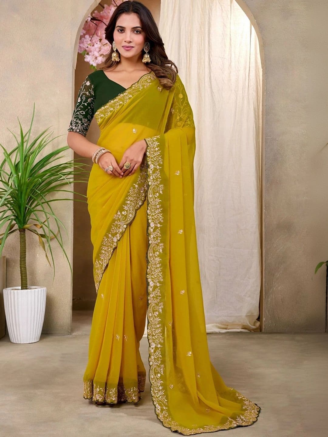 Tradivibe Floral Embroidered Pure Georgette Heavy Work Saree - view 1