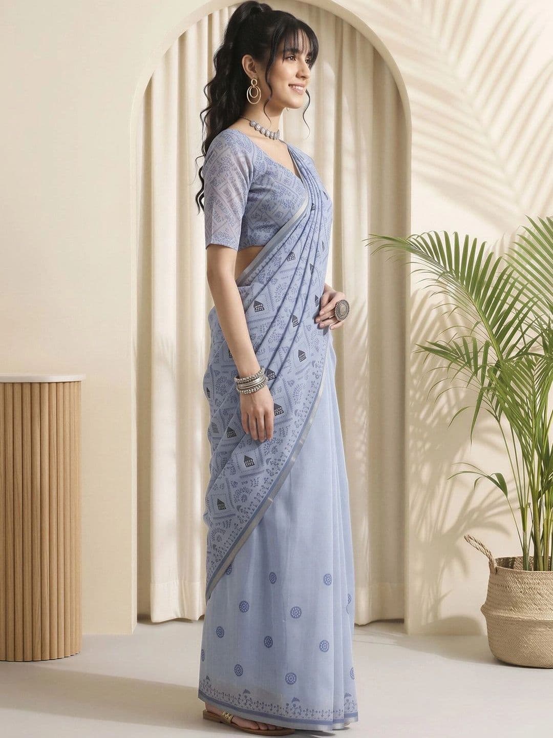 Sangria Warli Linen Blend Designer Block Print Saree thumbnail 3