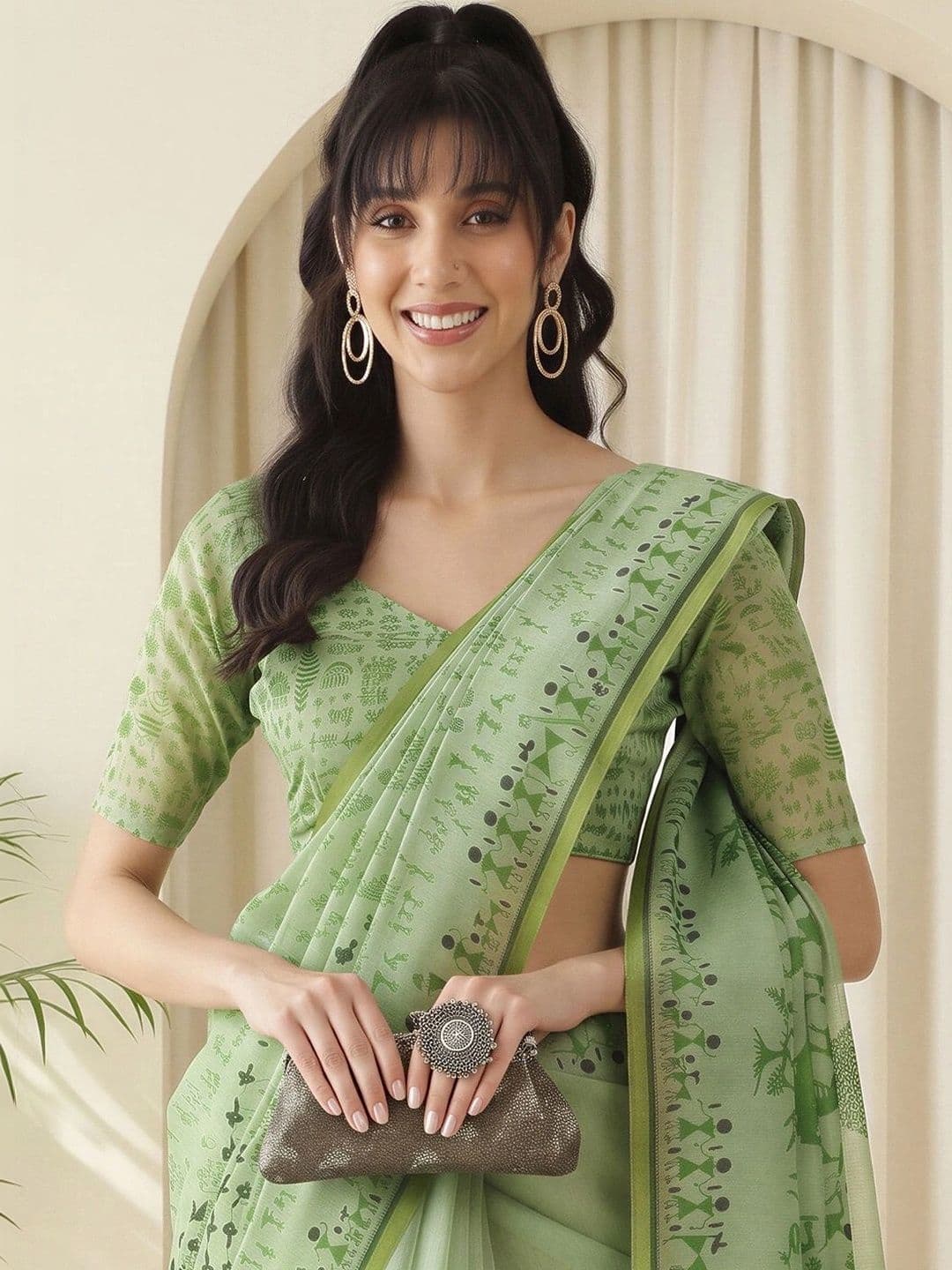 Sangria Warli Linen Blend Designer Block Print Saree thumbnail 2