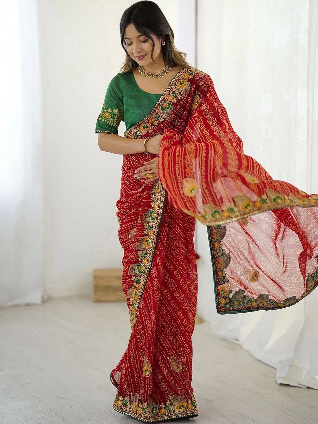 SANISA Bandhani Embroidered Pure Georgette Saree thumbnail 5