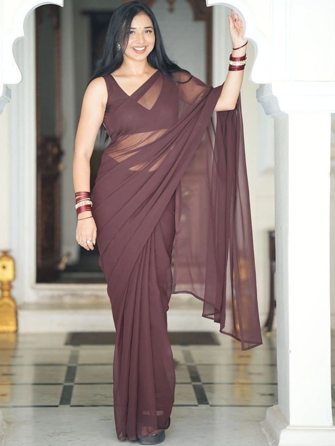 Sangria Poly Georgette Designer Maheshwari Saree thumbnail 4