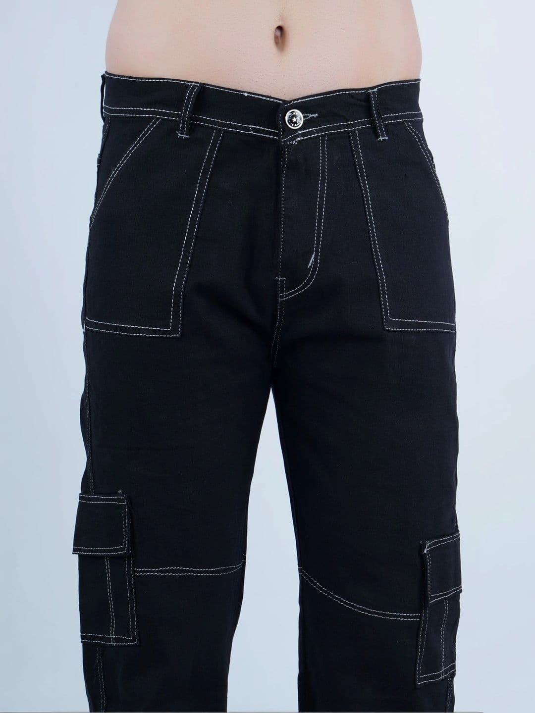 HERE&NOW Men's Jet Black Contrast-Stitched Panelled Cargo Relaxed Fit Mid-Rise Jeans thumbnail 4