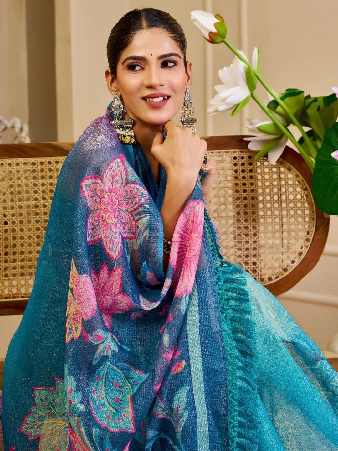 ZAMUNA Floral Tissue Designer Bhagalpuri Saree thumbnail 5