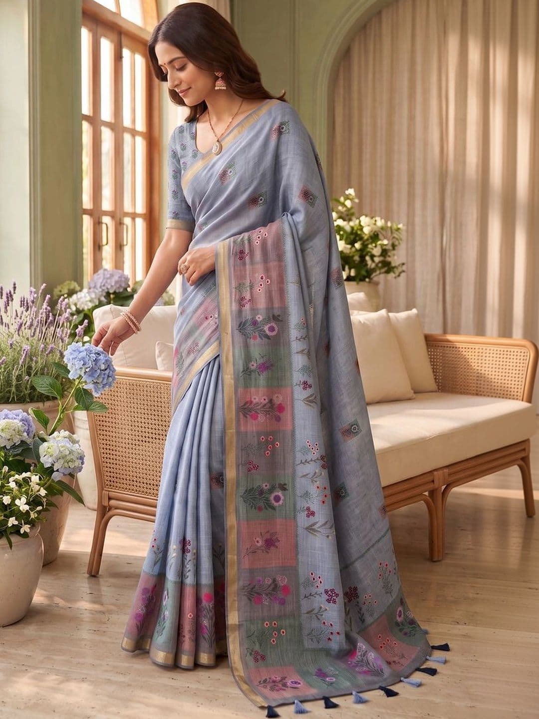 Mitera Floral Linen Blend Tussar Saree thumbnail 3