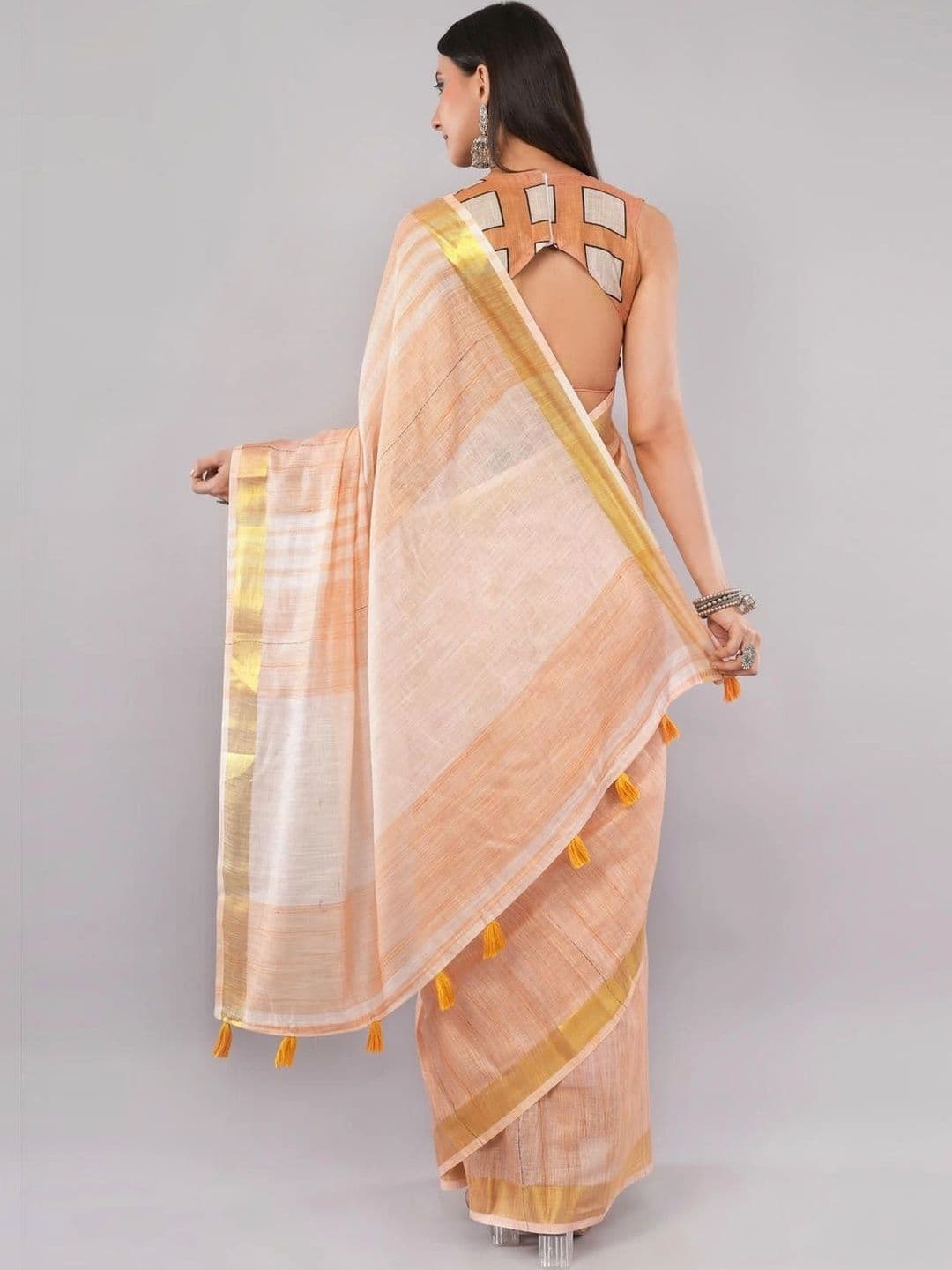 SAMANTHA Striped Linen Blend Belted Saree - view 1