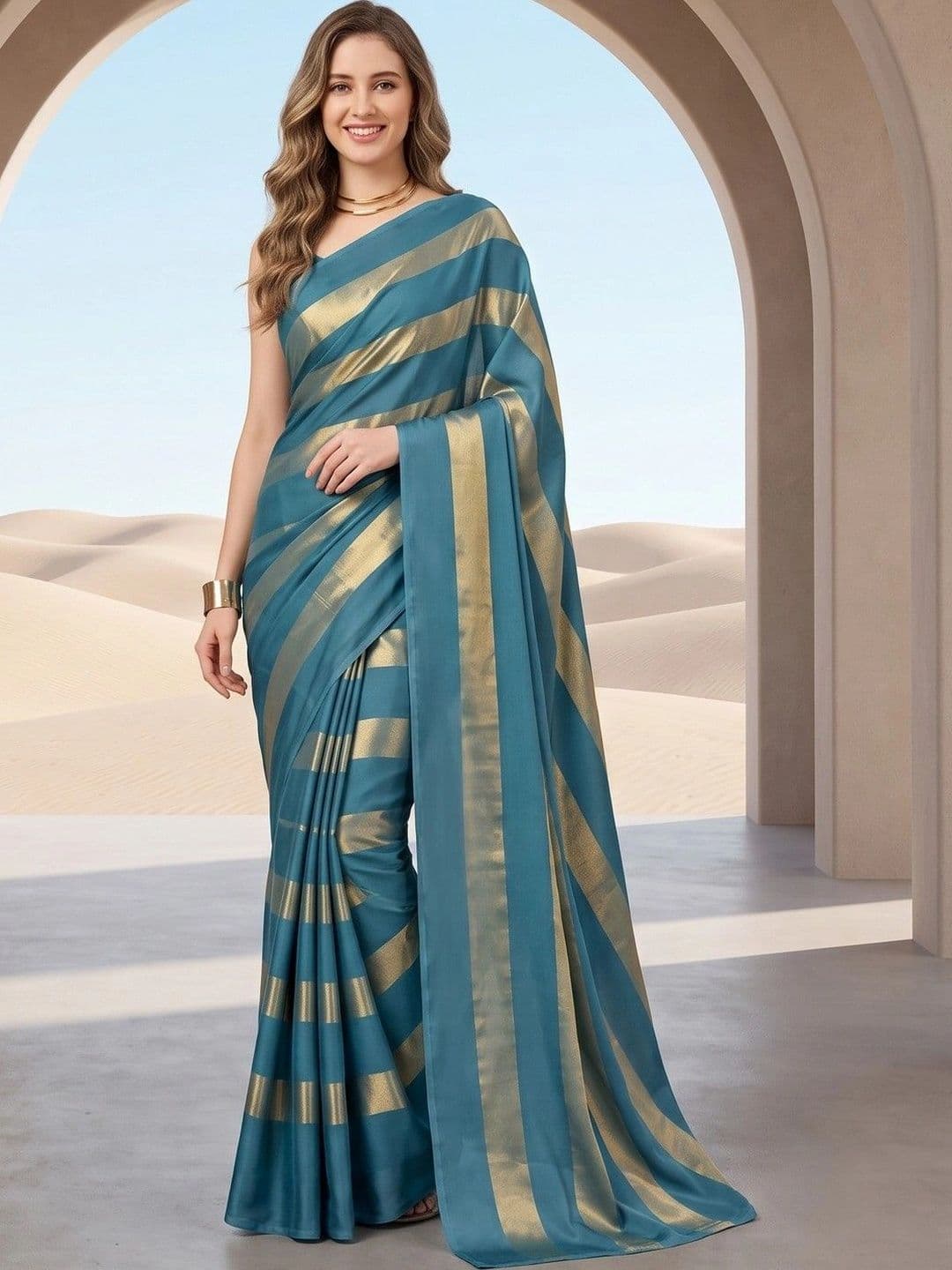 House of Vived Striped Zari Silk Blend Designer Saree - view 1