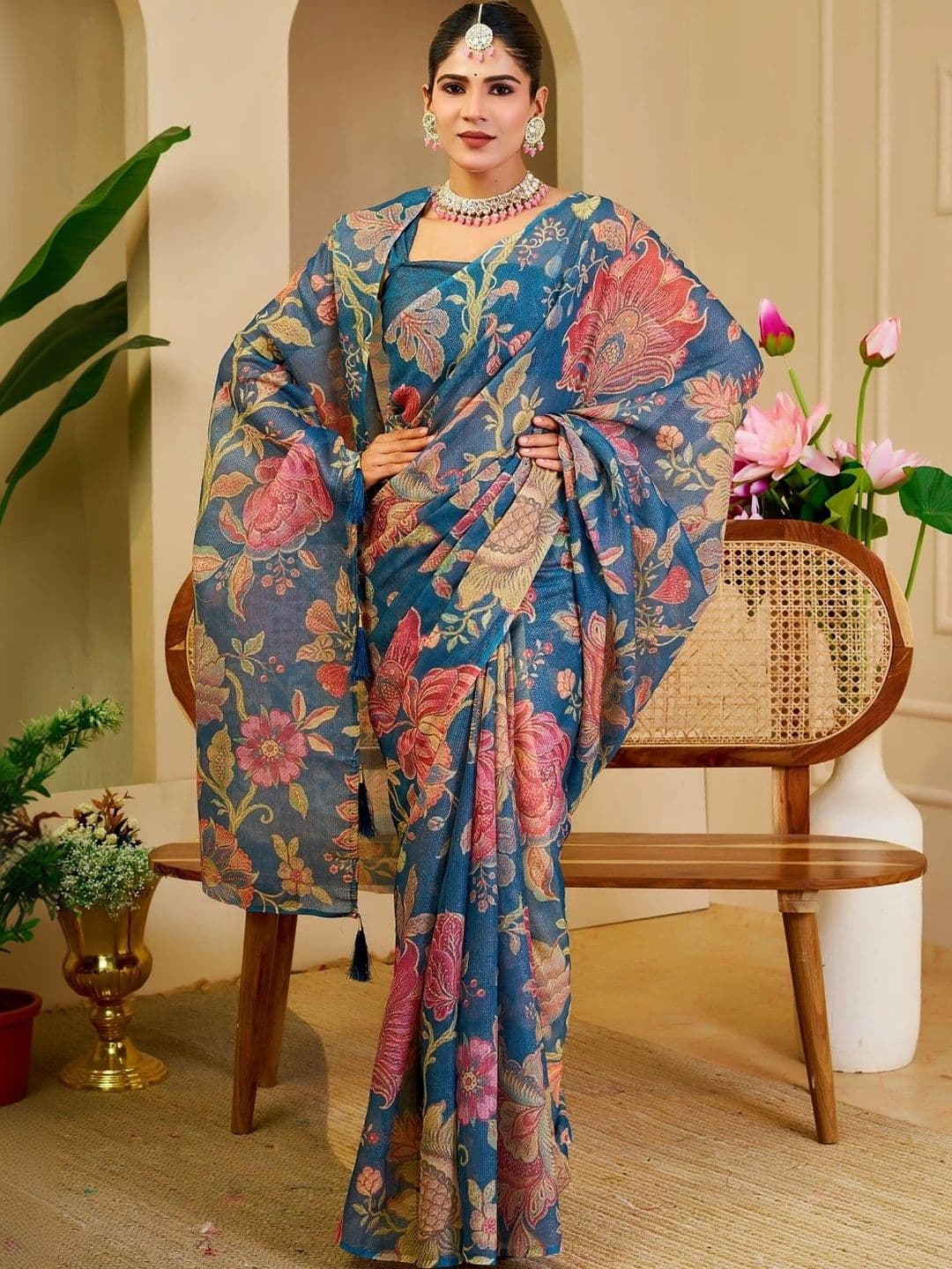 ZAMUNA Floral Tissue Designer Bhagalpuri Saree thumbnail 4