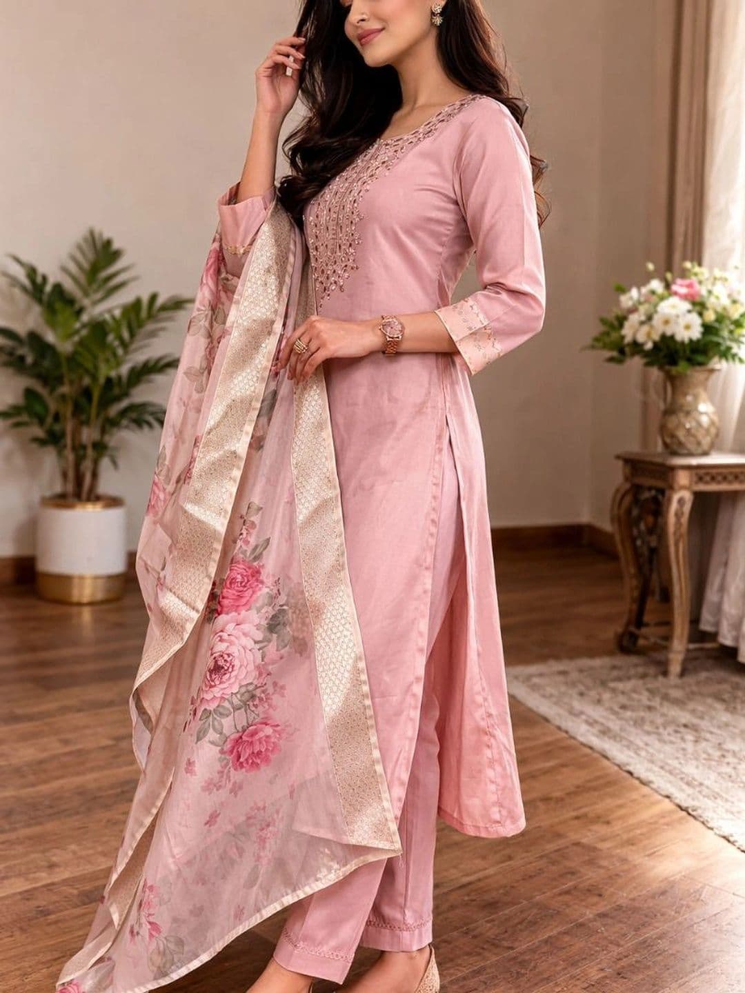 ERIKA Women Ethnic Motifs Embroidered Regular Thread Work Kurta with Trousers & With Dupatta thumbnail 4