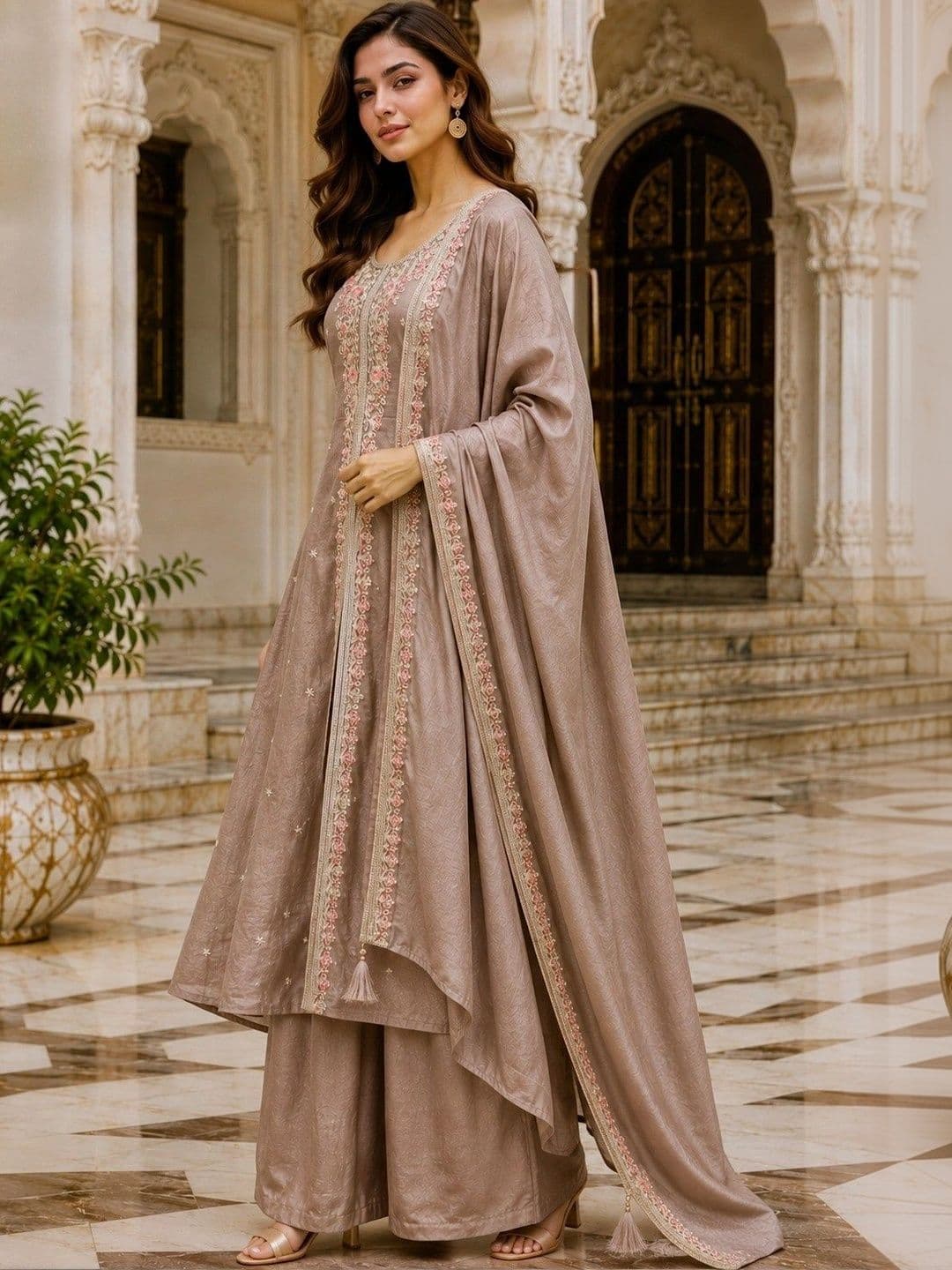NEEL ETHNICS Women Ethnic Motifs Embroidered Regular Thread Work Pure Silk Kurta with Palazzos & With Dupatta thumbnail 3