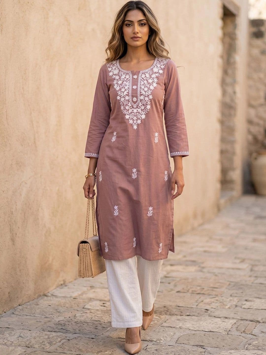 KALAMIR Women Ethnic Motifs Embroidered Chikankari Kurta - view 1