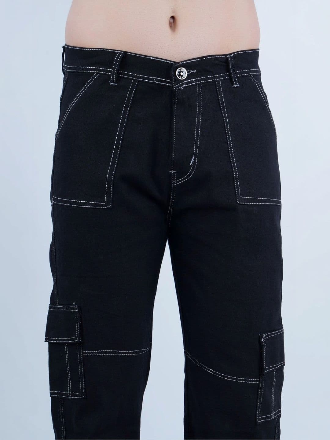HERE&NOW Men's Jet Black Contrast-Stitched Relaxed Straight Cargo Jeans thumbnail 5