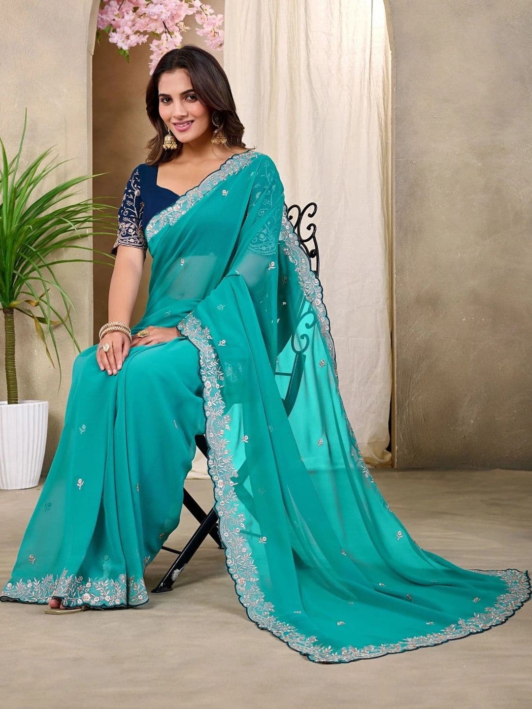 Tradivibe Floral Embroidered Pure Georgette Heavy Work Saree thumbnail 6