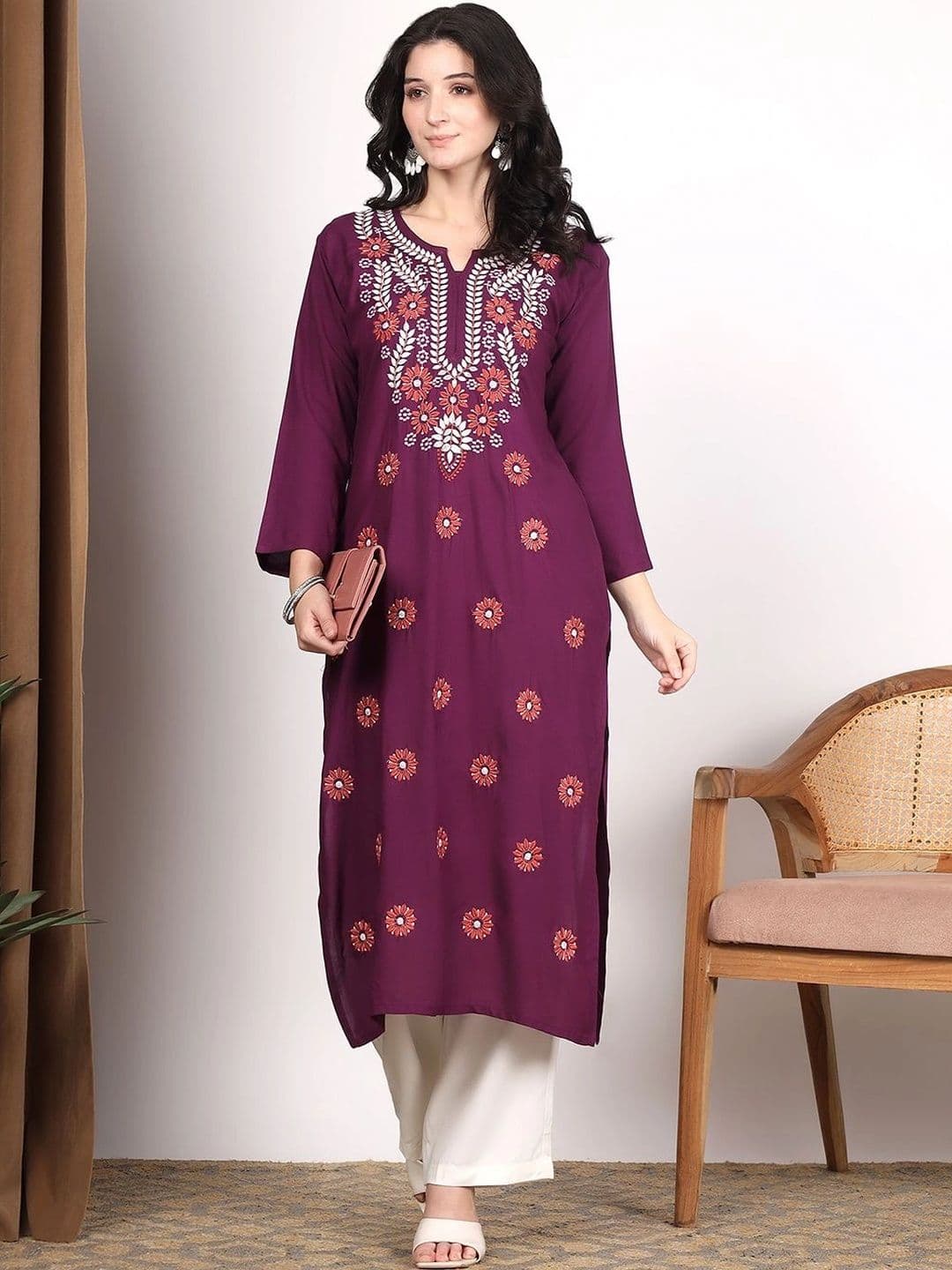 TOP N THREAD Women Wine Floral motifs Embroidered Lucknowi Chikankari Straight Long Kurta - view 1