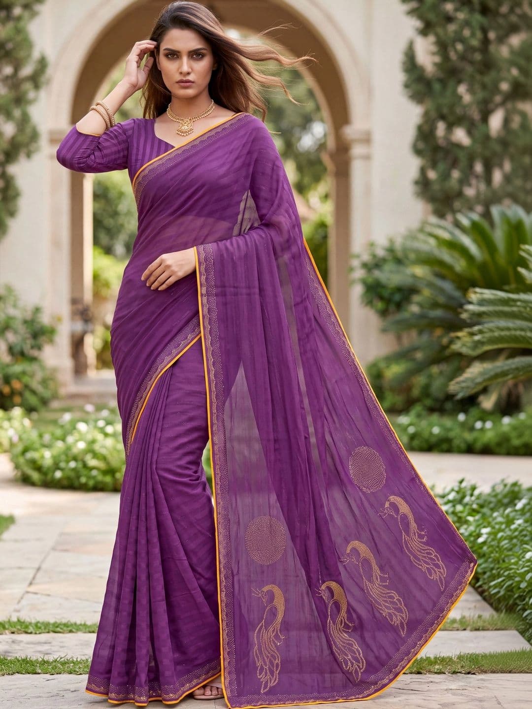 Jaipur Vogue Striped Embroidered Poly Georgette Saree thumbnail 4