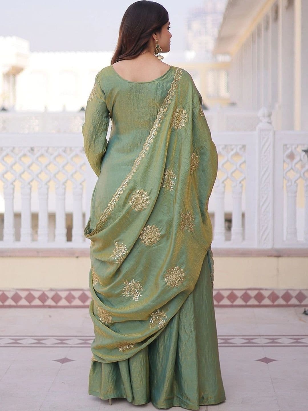 KALINI Ethnic Motifs Embroidered Dupion Silk Straight Kurta with Sharara & Dupatta thumbnail 3