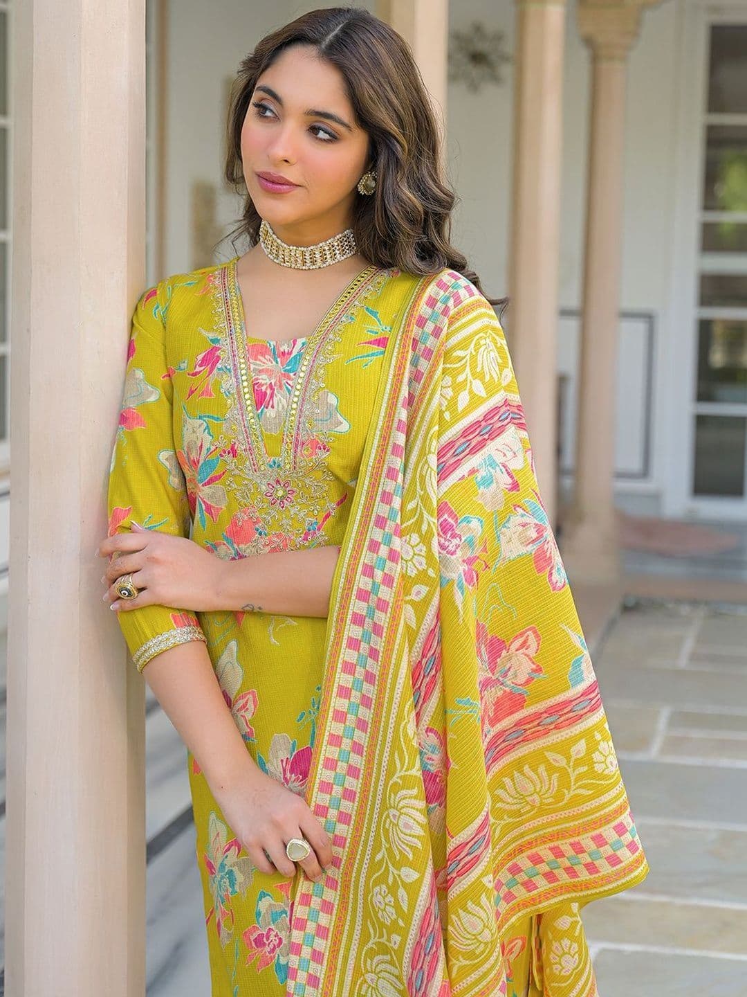 KALINI Women Floral Printed Regular Thread Work Kurta with Trousers & With Dupatta thumbnail 5