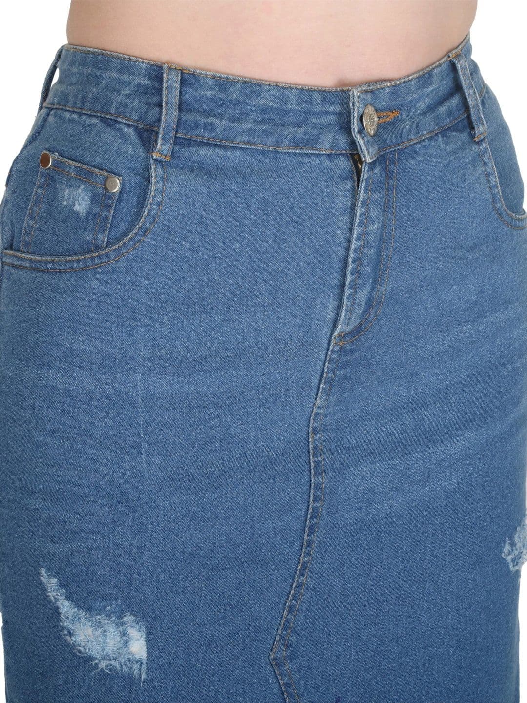 Peptrends Women Denim Frayed Denim Knee Length A-Line Skirt thumbnail 3