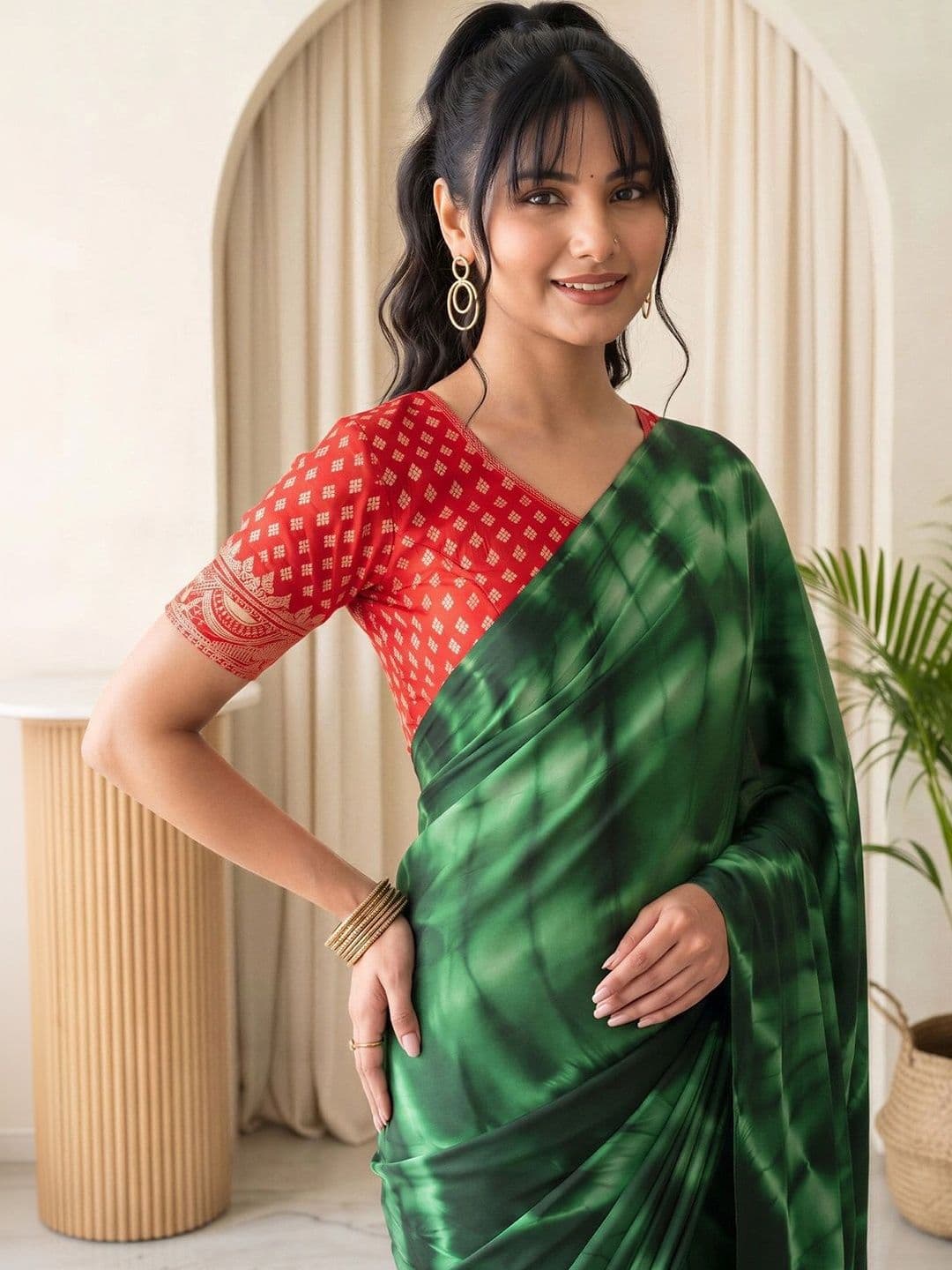 Sangria Tie and Dye Silk Blend Designer Block Print Saree thumbnail 4