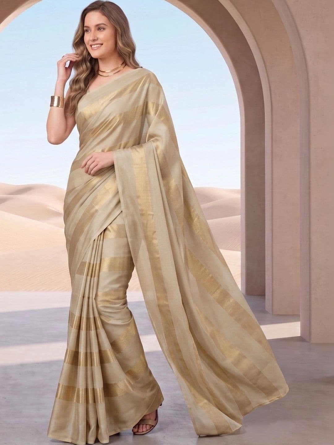 House of Vived Striped Zari Silk Blend Designer Saree - view 1