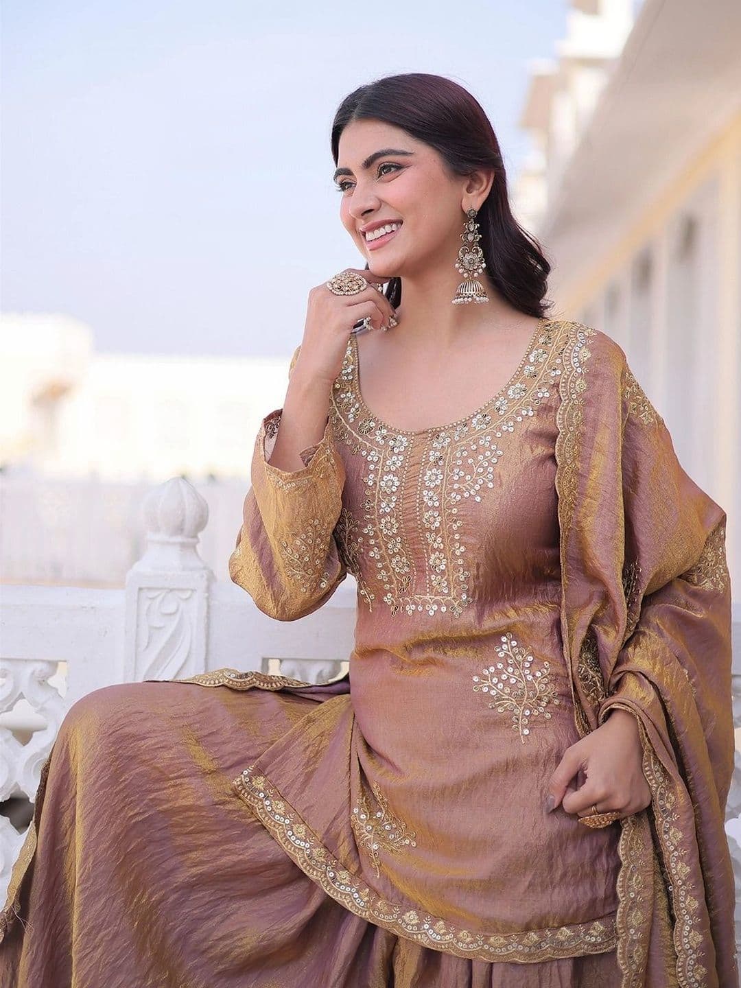 KALINI Women Embroidered Regular Dupion Silk Kurta with Sharara & With Dupatta thumbnail 6