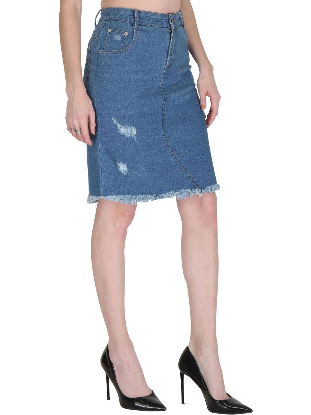 Peptrends Women Denim Frayed Denim Knee Length A-Line Skirt thumbnail 5