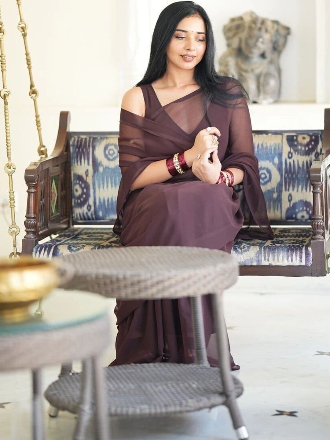 Sangria Poly Georgette Designer Maheshwari Saree thumbnail 6