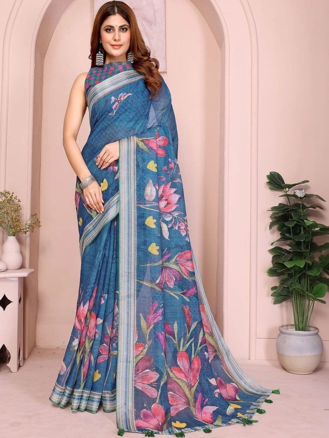Kesarii Floral Linen Blend Saree - view 1