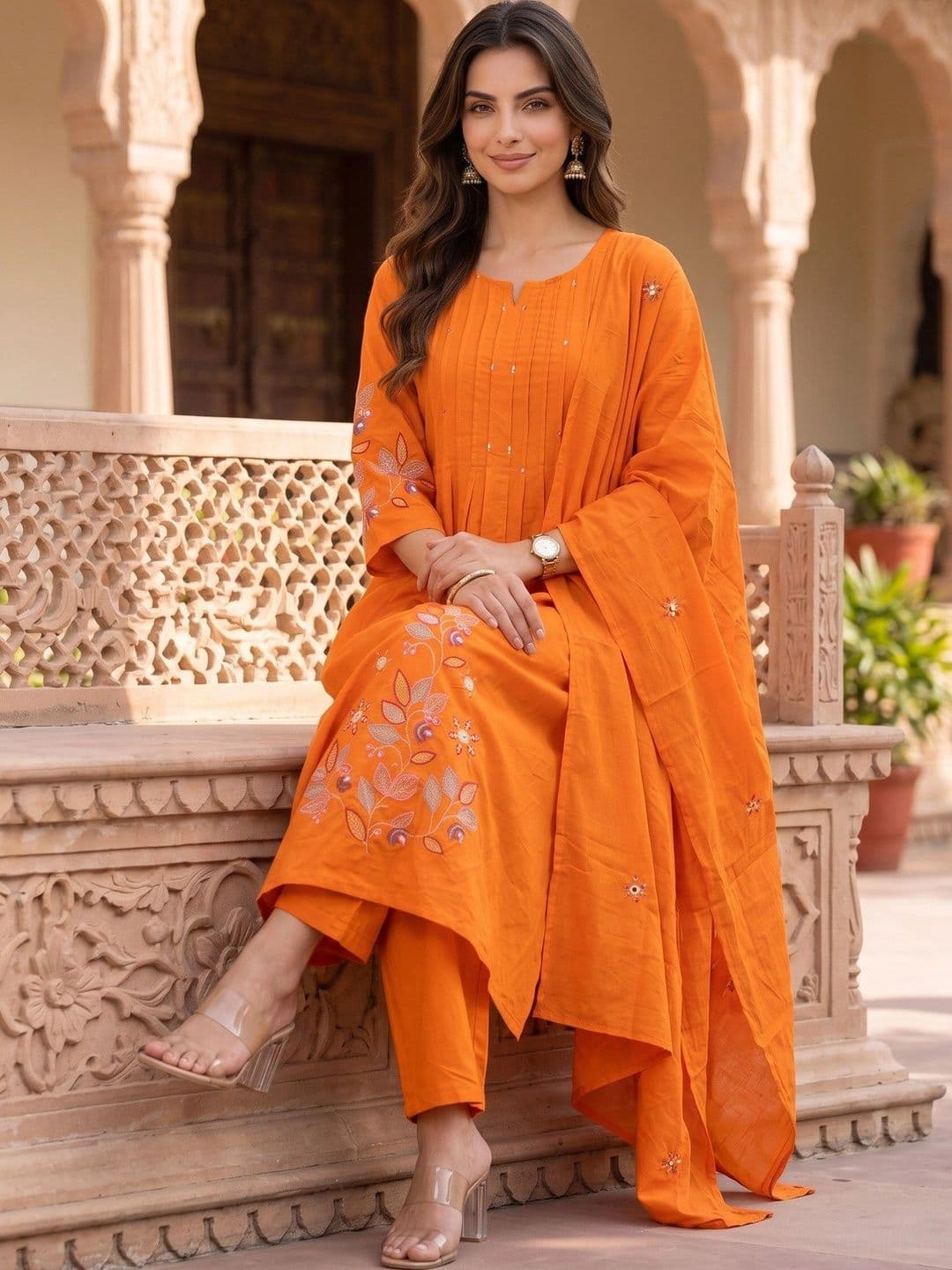 Sangria Women Floral Embroidered Regular Pure Cotton Kurta with Harem Pants & With Dupatta - view 1
