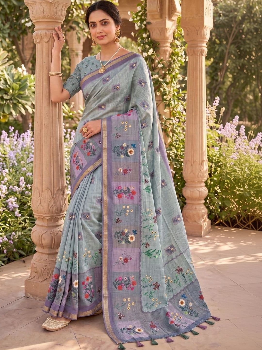 Mitera Floral Linen Blend Tussar Saree thumbnail 7