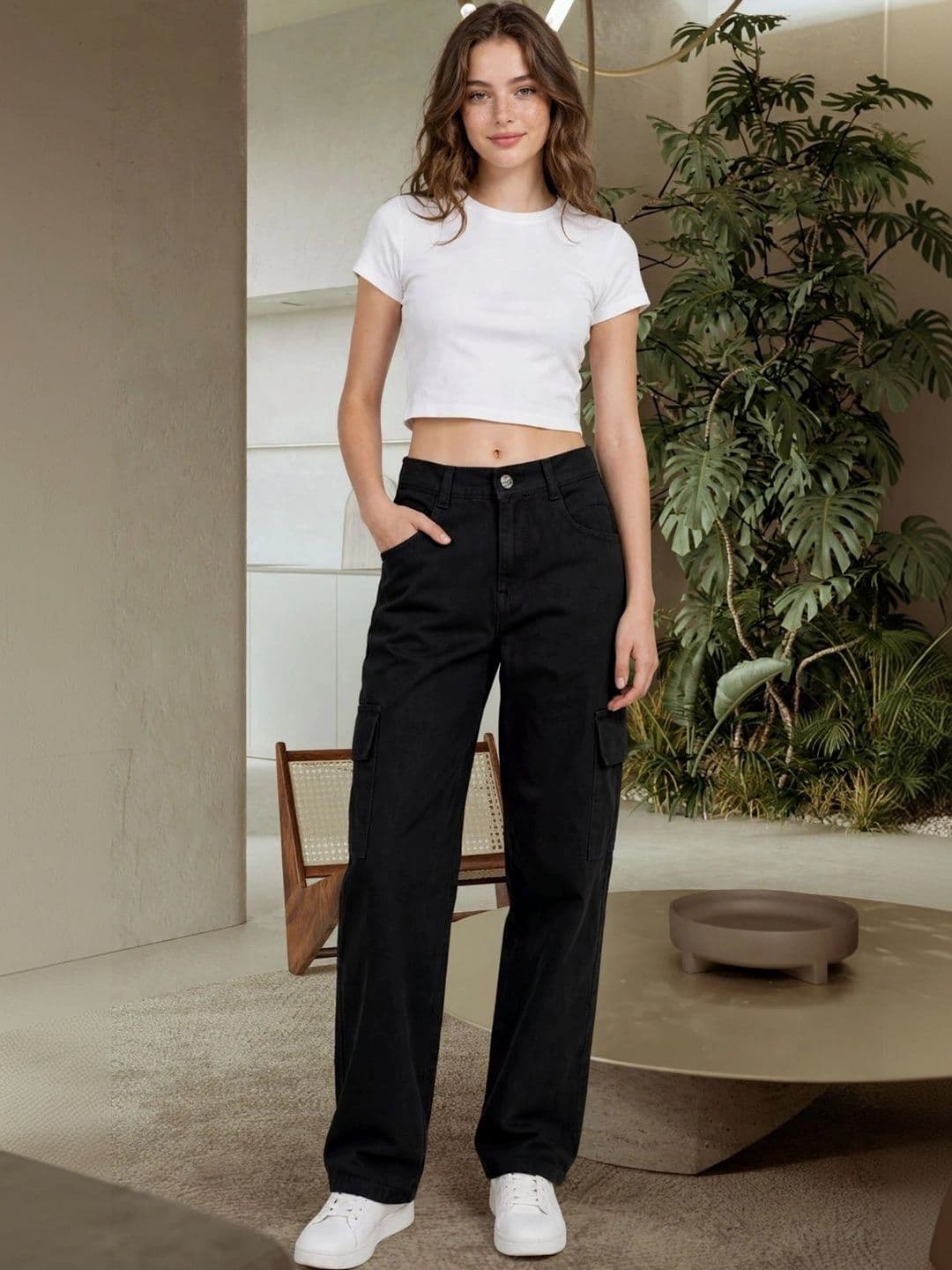 HERE&NOW Women's Jet Black Mid-Rise Wide-Leg Cargo Jeans - view 1
