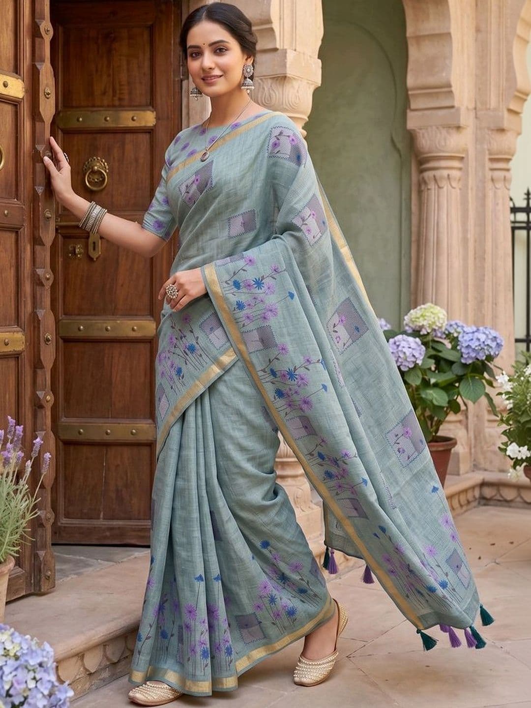 Mitera Floral Linen Blend Tussar Saree thumbnail 6