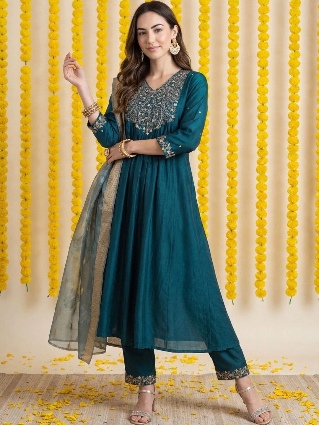 Anouk Women Ethnic Motifs Embroidered Thread Work Kurta with Trousers & With Dupatta thumbnail 6