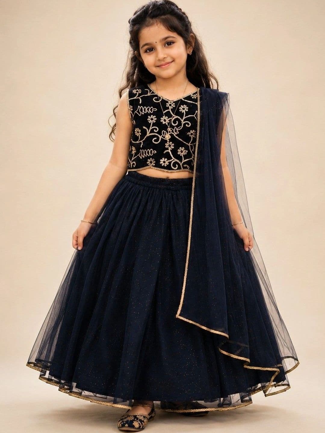 Poppy & Munchkin Girls Embroidered Ready to Wear Lehenga Blouse With Dupatta - view 1