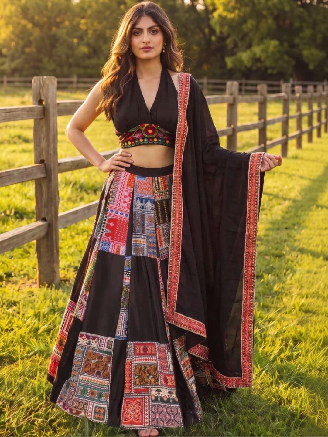 JIHU CULTURE Embroidered Thread Work Semi-Stitched Lehenga & Unstitched Blouse With Dupatta thumbnail 4